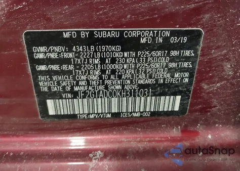 2019 Subaru Crosstrek 2.0I Premium from USA, damaged, VIN JF2GTADC0KH311031